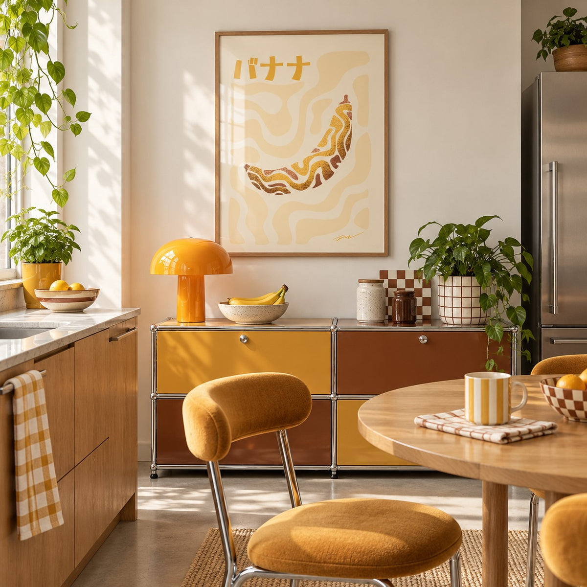 Japanese Banana Poster hung above a retro sideboard in a kitchen dining area (frame not included)