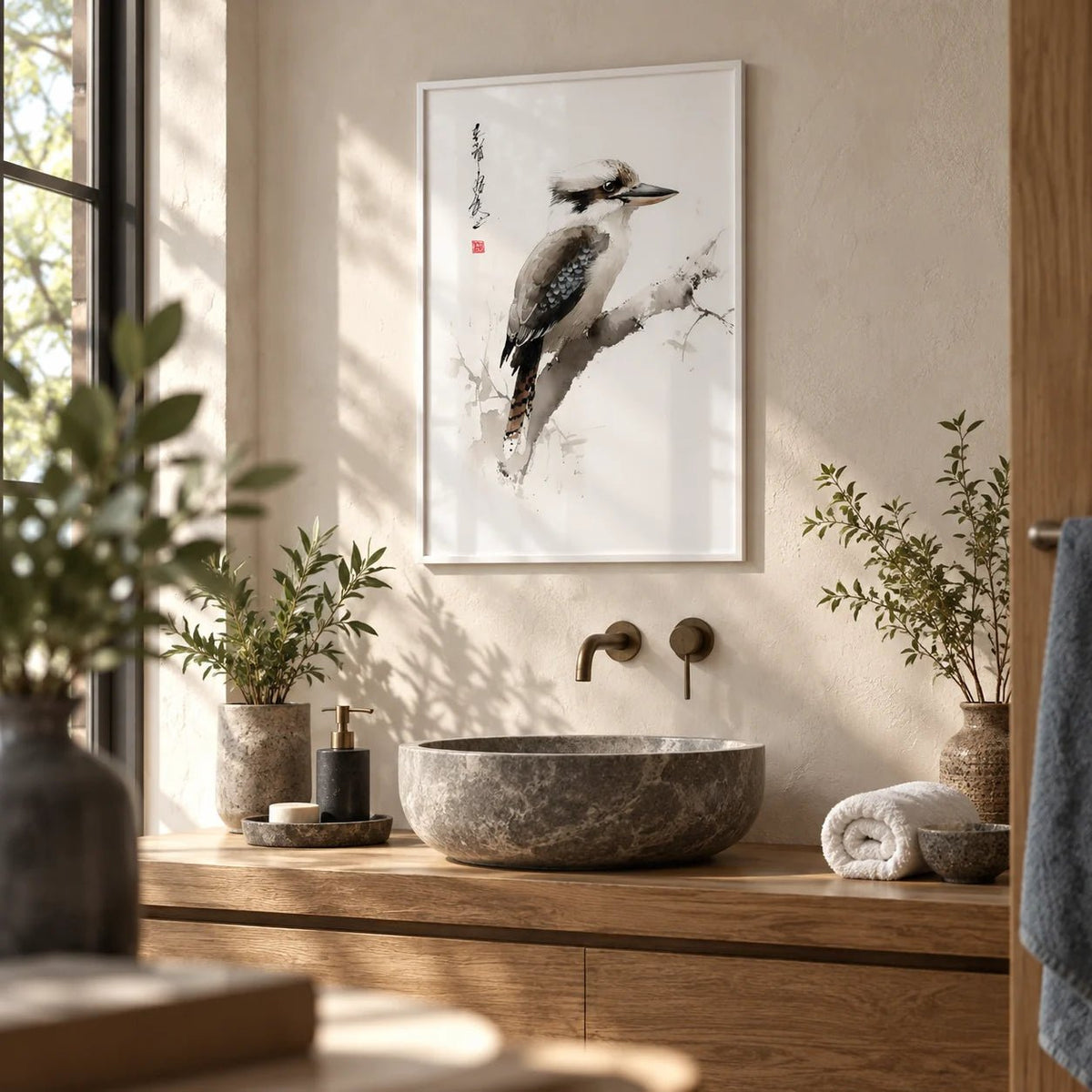 Japanese Bird Art, framed on the wall of a calm spa bathroom