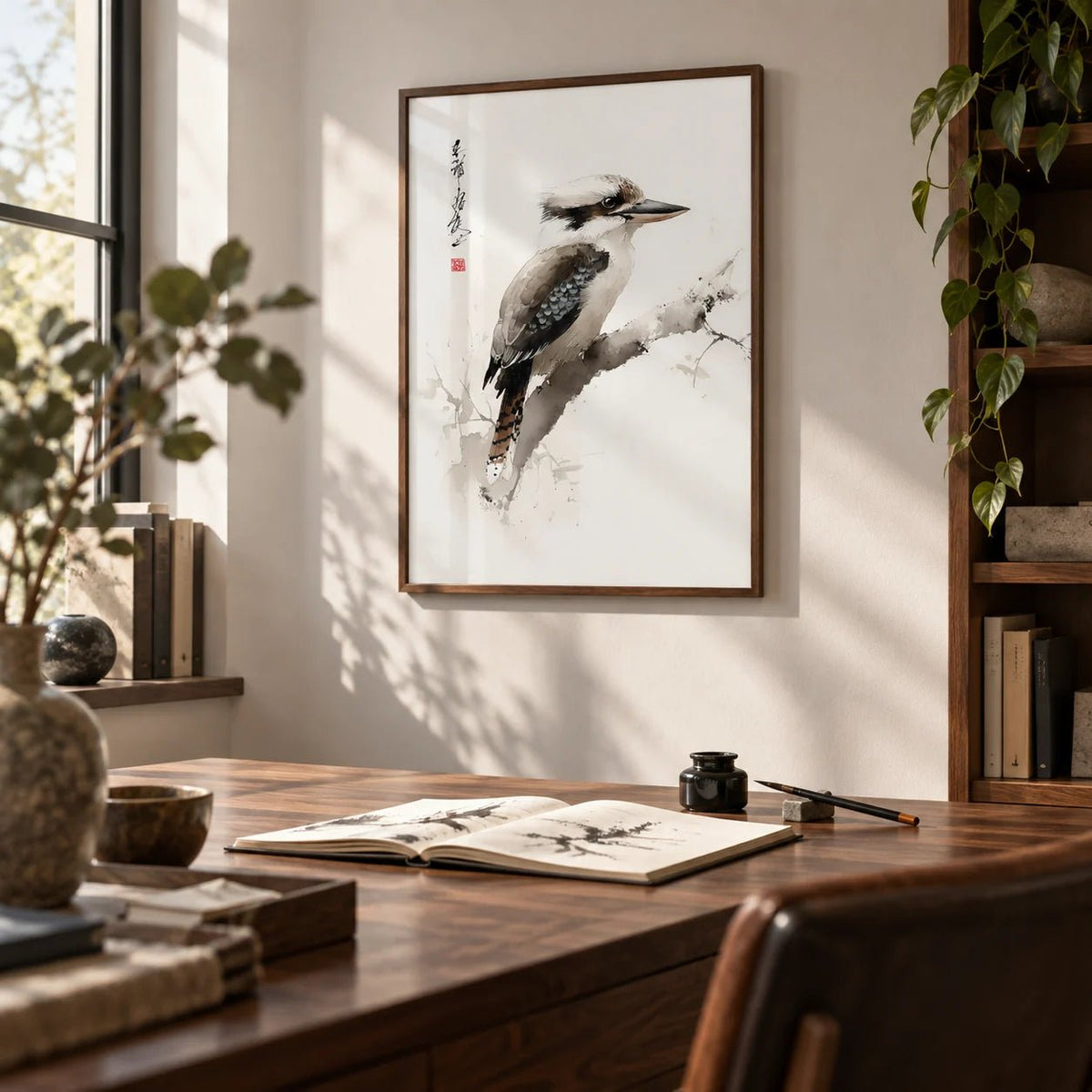 Japanese Bird Art, framed on the wall of a quiet study