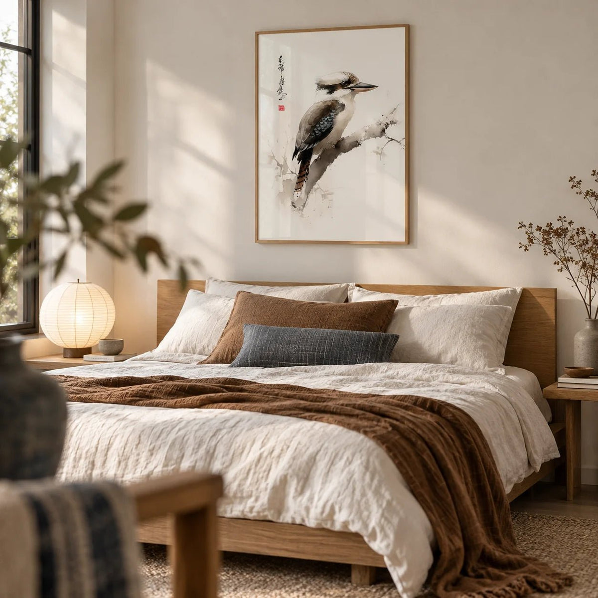 Japanese Bird Art, framed on the wall of a serene bedroom