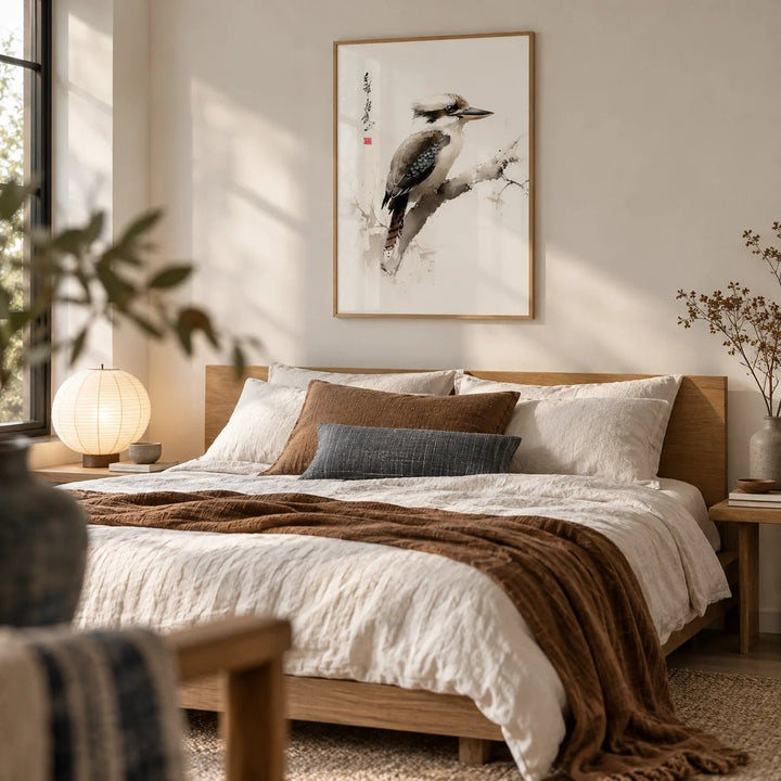 Japanese Bird Art, framed on the wall of a serene bedroom