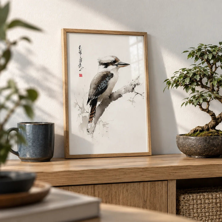 Japanese Bird Art, a small A4 framed print leaning on a low oak shelf in a living room