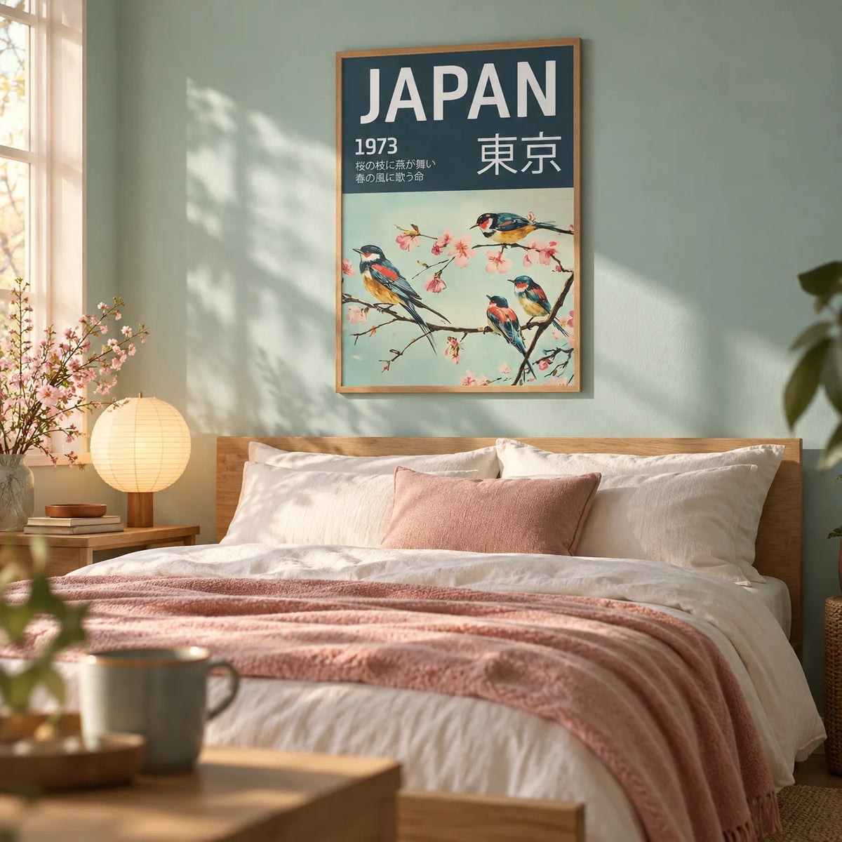 Japanese Bird Wall Art, framed on the wall of a calm bedroom with a soft aqua wall