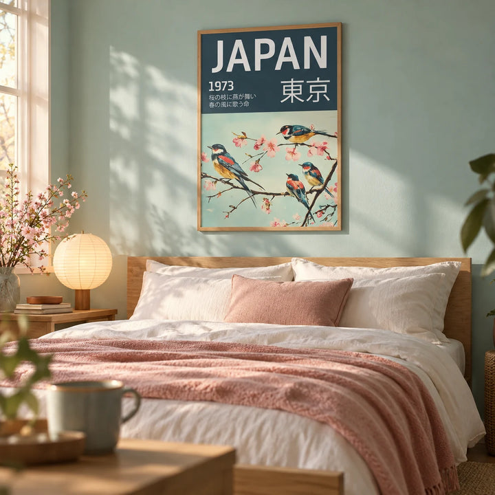 Japanese Bird Wall Art, framed on the wall of a calm bedroom with a soft aqua wall
