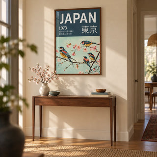 Japanese Bird Wall Art, framed on the wall of a calm hallway with a cream wall