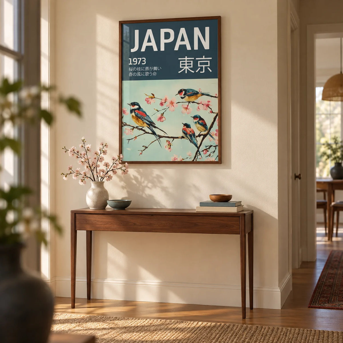 Japanese Bird Wall Art, framed on the wall of a calm hallway with a cream wall