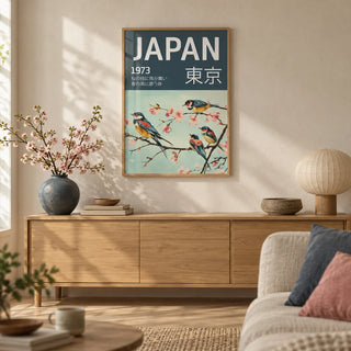 Japanese Bird Wall Art, framed on the wall of a Japandi living room with a warm white plaster wall and a pale oak floor