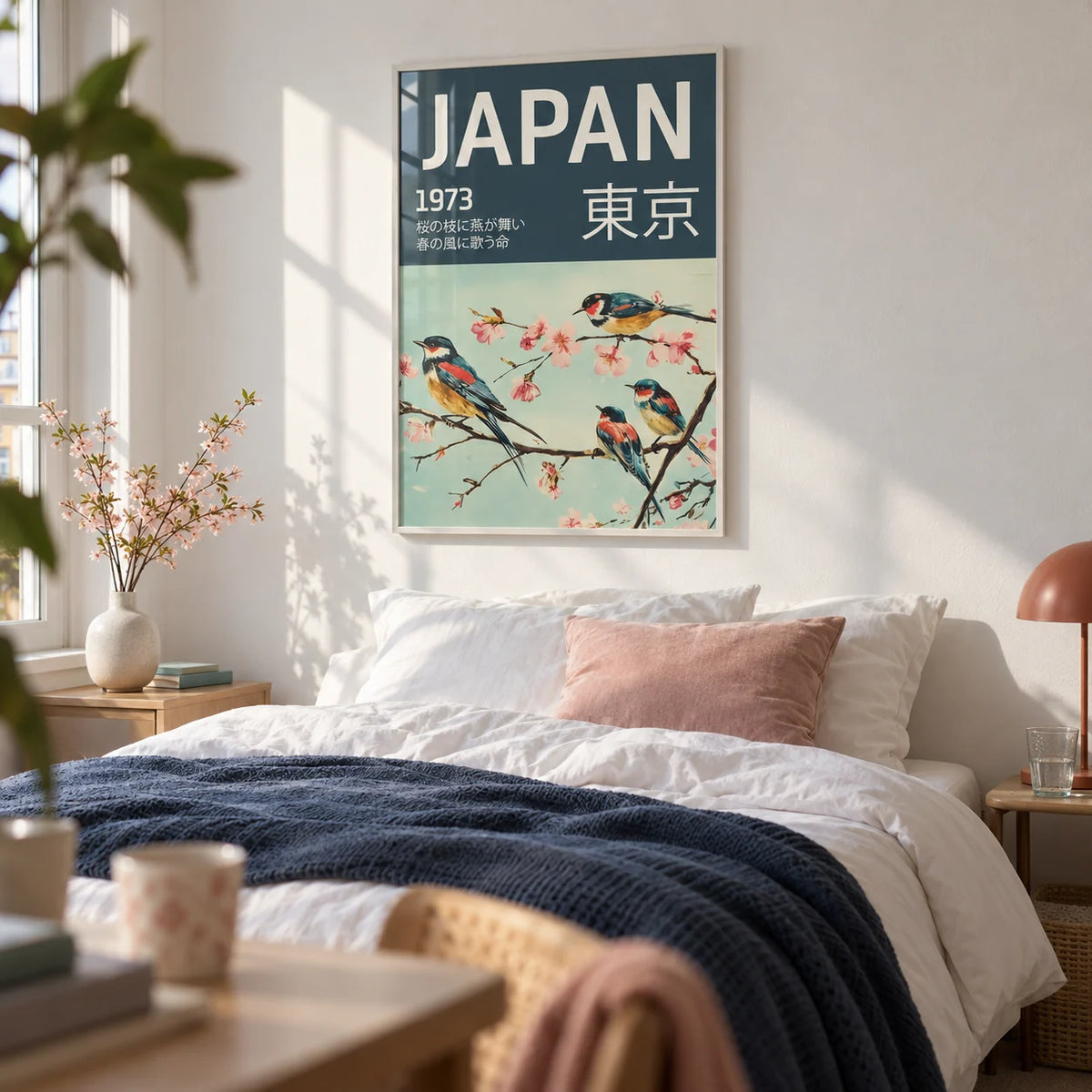 Japanese Bird Wall Art, framed on the wall of a pretty young lady's bedroom (18-25) with a white wall