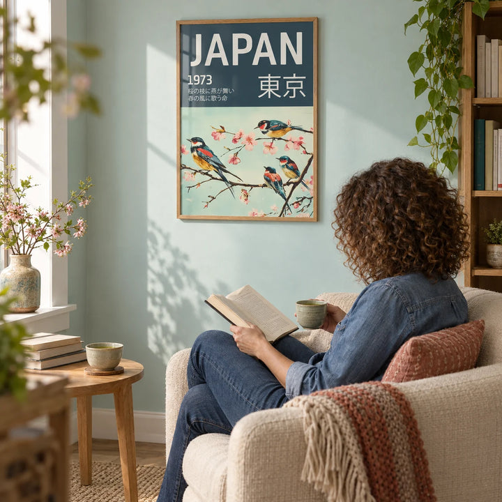 Japanese Bird Wall Art, framed on the wall of a reading corner with a pale aqua wall in a living room
