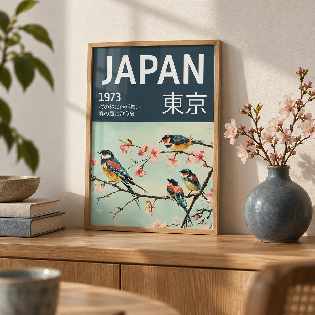 Japanese Bird Wall Art, a small A4 framed print leaning on an oak shelf in a living room