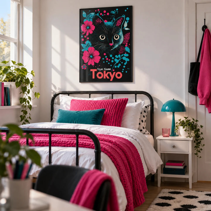 Japanese Cat Art, framed on the wall of a bold single bedroom for a teen girl (13-17) with a white wall