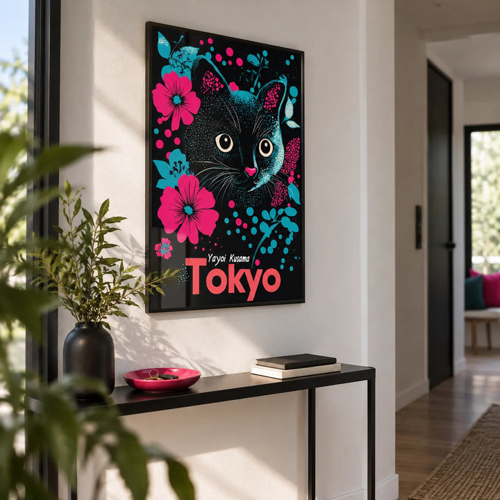 Japanese Cat Art, framed on the wall of a crisp hallway with a white wall