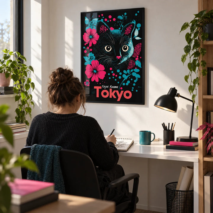 Japanese Cat Art, framed on the wall of a modern desk corner in a first flat (22-28) with a white wall