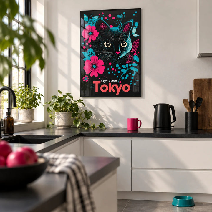 Japanese Cat Art, framed on the wall of a modern white kitchen with a black worktop