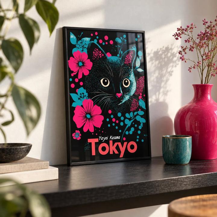 Japanese Cat Art, a small A4 framed print leaning on a black shelf in a living room