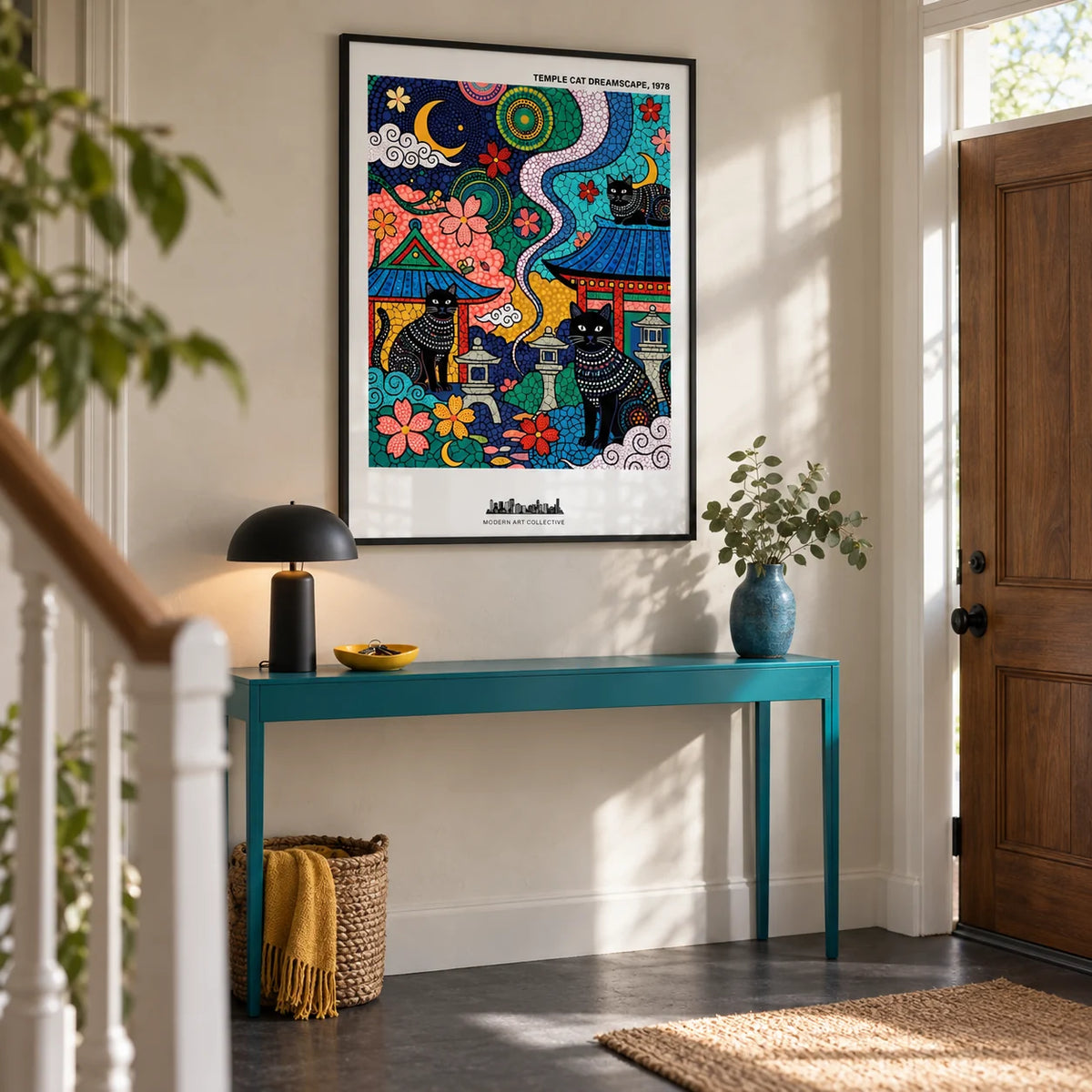 Japanese Cat Wall Art, framed on the wall of a bright entrance hallway in a renovated UK terrace with pale plaster walls and a plain charcoal floor
