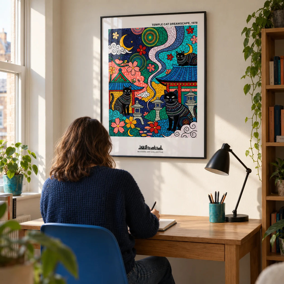 Japanese Cat Wall Art, framed on the wall of a compact creative study in a UK flat with a warm white wall and a freestanding oak desk