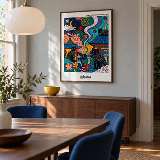 Japanese Cat Wall Art, framed on the wall of a contemporary dining room in a Victorian terrace with a pale grey plaster wall and a simple walnut dining table