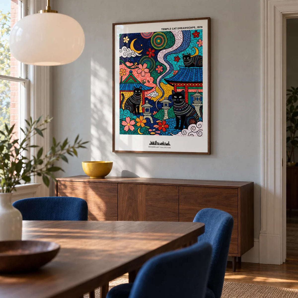 Japanese Cat Wall Art, framed on the wall of a contemporary dining room in a Victorian terrace with a pale grey plaster wall and a simple walnut dining table