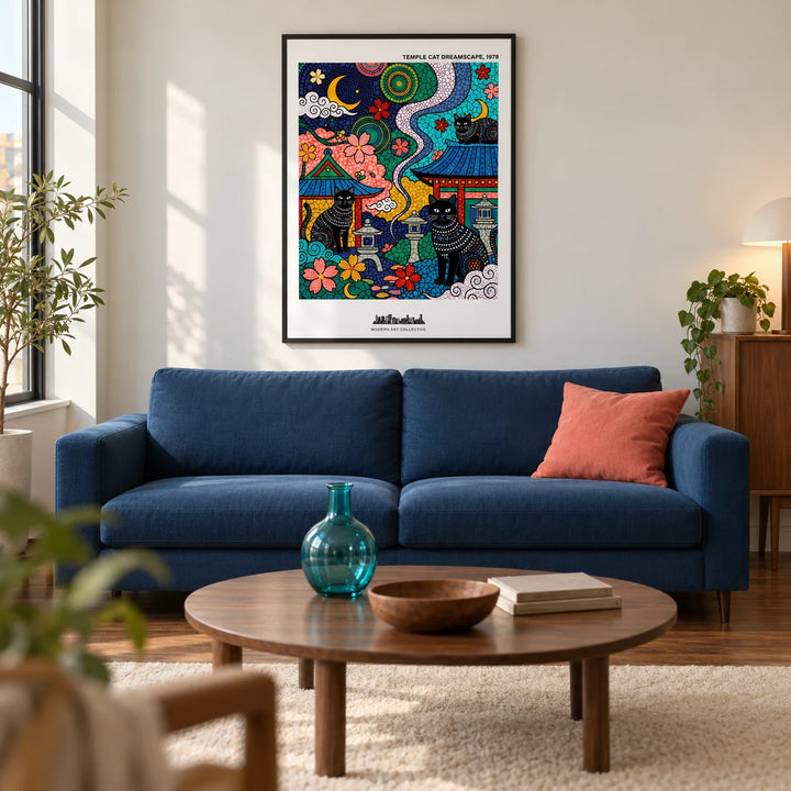 Japanese Cat Wall Art, framed on the wall of a modern living room in a UK city flat with warm white walls