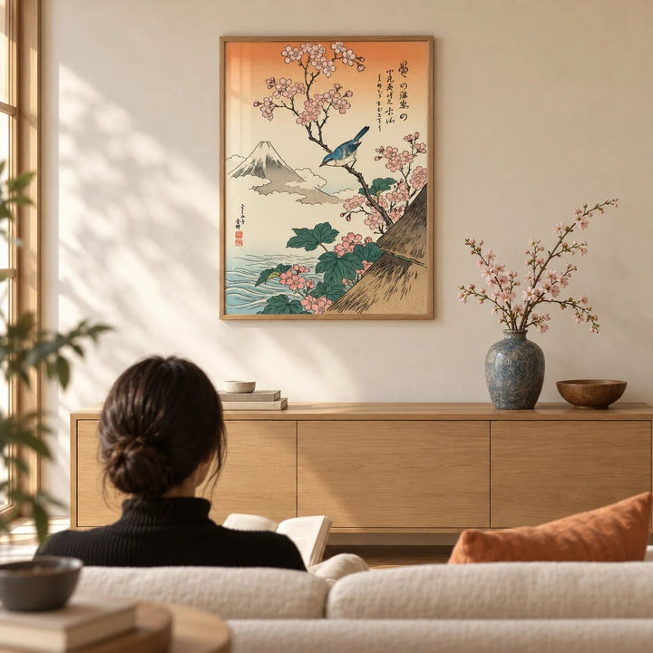 Japanese Cherry Blossom Art, framed on the wall of a Japanese-modern living room with a warm cream plaster wall