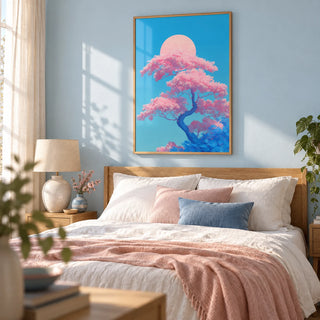 Japanese Cherry Blossom Print, framed on the wall of a calm bedroom with a soft pale blue wall