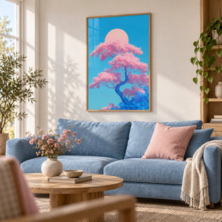 Japanese Cherry Blossom Print, framed on the wall of a calm living room with a soft white wall and a pale oak floor