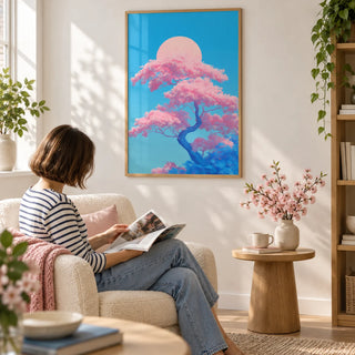 Japanese Cherry Blossom Print, framed on the wall of a calm reading corner with a white wall in a living room