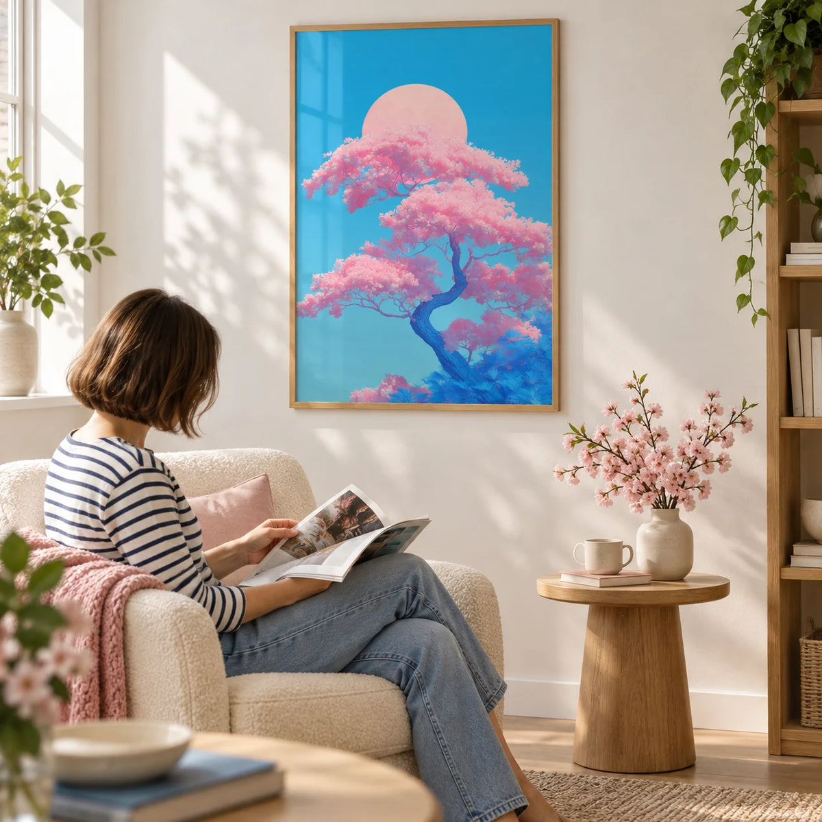 Japanese Cherry Blossom Print, framed on the wall of a calm reading corner with a white wall in a living room