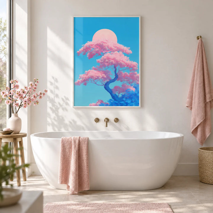 Japanese Cherry Blossom Print, framed on the wall of a calm white bathroom with a pale stone floor