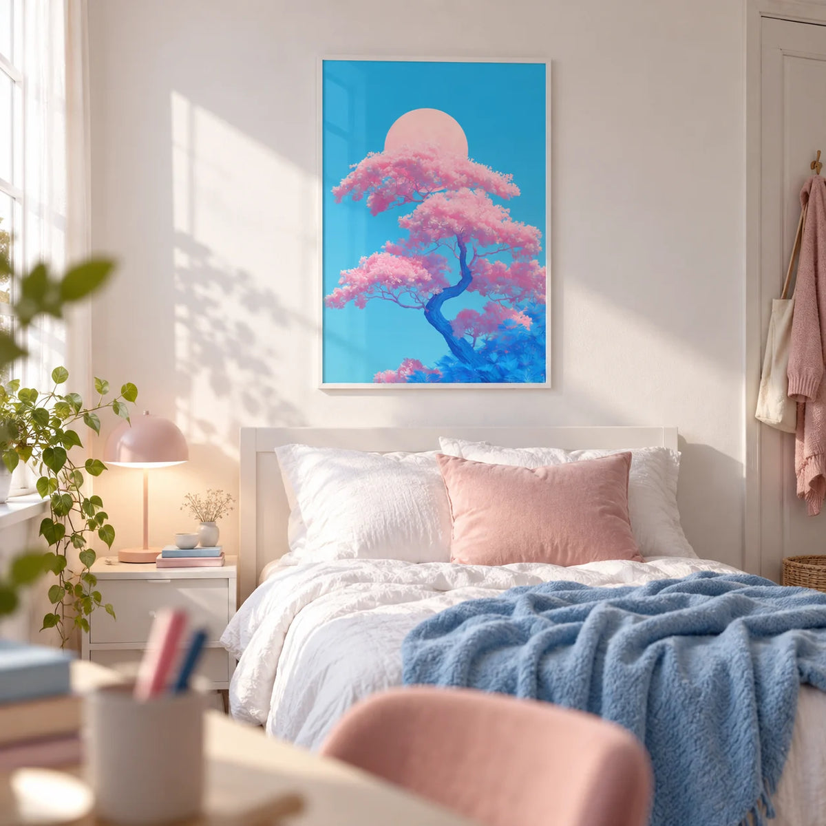 Japanese Cherry Blossom Print, framed on the wall of a pretty teenage girl's bedroom (13-17) with a white wall