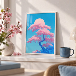 Japanese Cherry Blossom Print, a small A4 framed print leaning on a white shelf in a living room