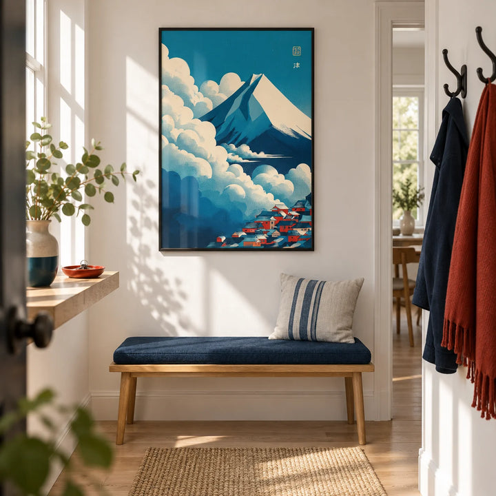 Japanese Cloud Poster, framed on the wall of a bright narrow hallway in a renovated UK terrace with a chalk-white wall and pale oak floor