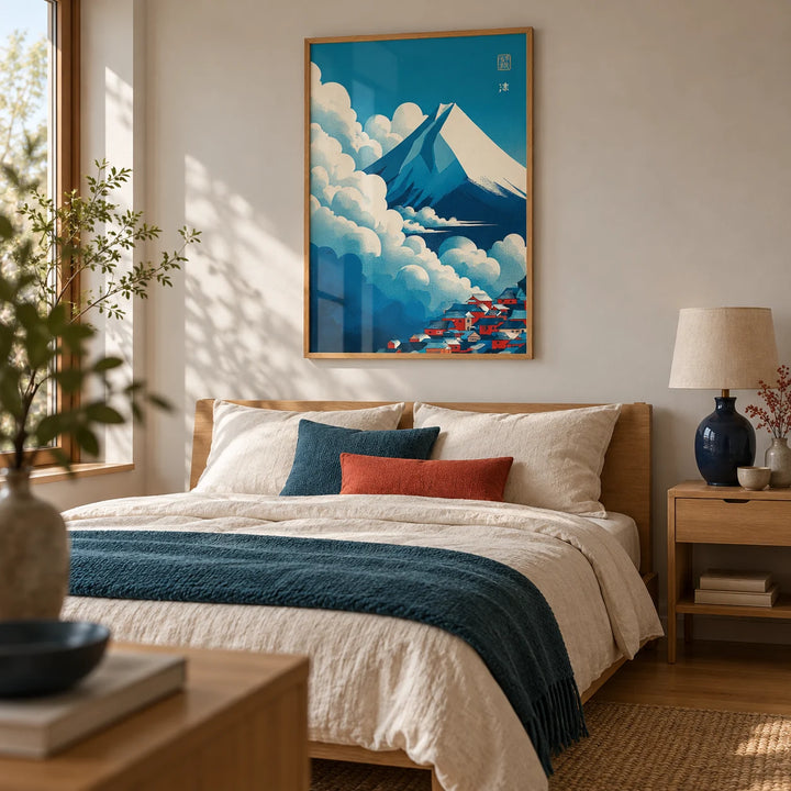 Japanese Cloud Poster, framed on the wall of a calm Japanese-inspired double bedroom with a pale warm grey wall and oak floor