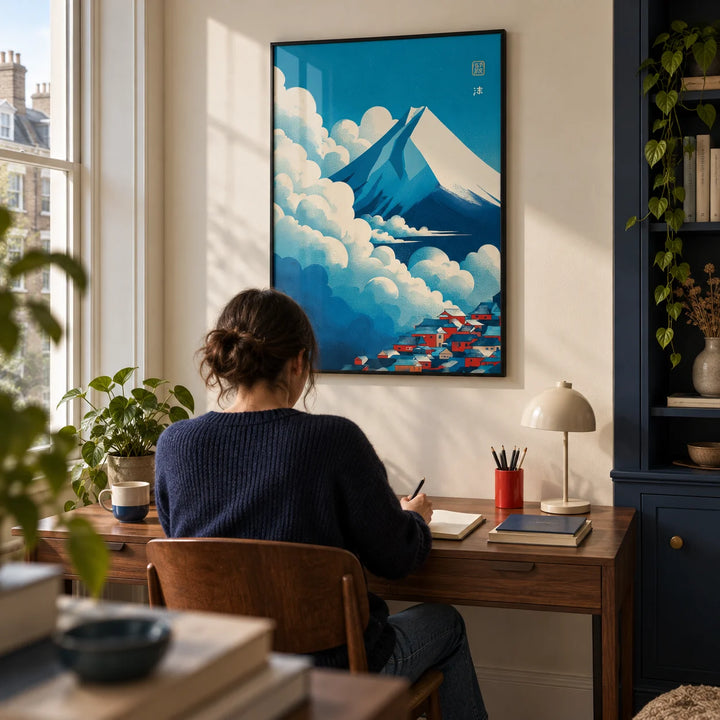 Japanese Cloud Poster, framed on the wall of a compact design-led home study in a UK city flat with a cream wall and a built-in navy cupboard