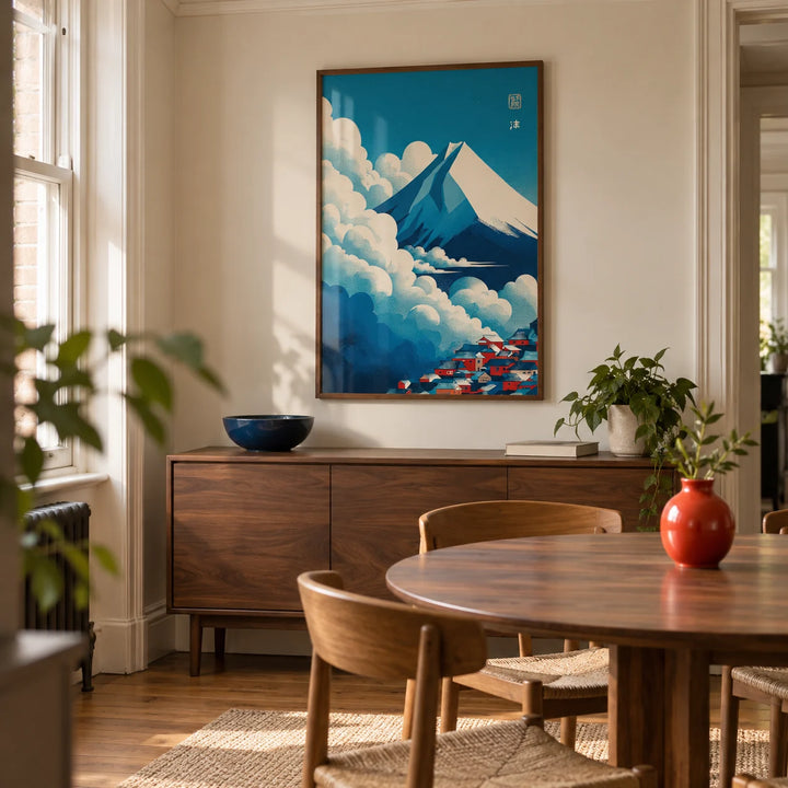 Japanese Cloud Poster, framed on the wall of a compact modern dining room in a Victorian terrace with pale cream walls