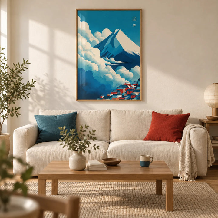 Japanese Cloud Poster, framed on the wall of a modern Japanese-inspired living room in a UK flat with warm white plaster walls and an oak floor