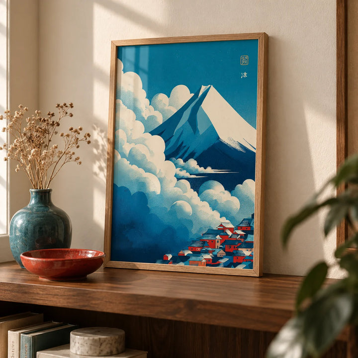 Japanese Cloud Poster, a small A4 framed print leaning on a walnut shelf in a living room