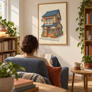 Japanese Coffee Poster, framed on the wall of a book-filled living room reading corner in a UK first home for a coffee and literature lover aged 25-35