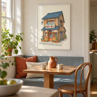 Japanese Coffee Poster, framed on the wall of a bright kitchen breakfast nook in a Victorian terrace with a pale cream wall and a built-in blue-grey bench