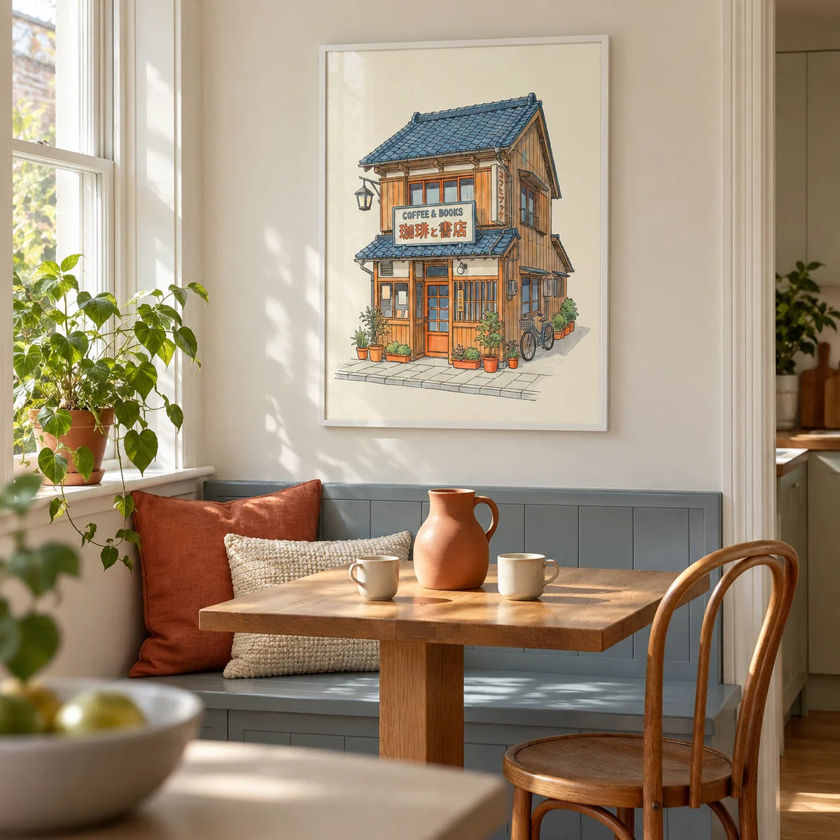 Japanese Coffee Poster, framed on the wall of a bright kitchen breakfast nook in a Victorian terrace with a pale cream wall and a built-in blue-grey bench