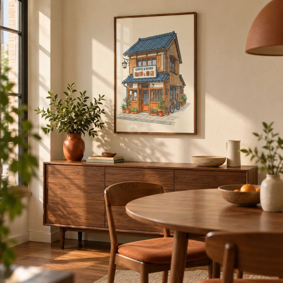 Japanese Coffee Poster, framed on the wall of a compact dining room in a design-conscious city flat with warm cream plaster walls and a walnut floor
