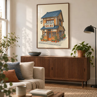 Japanese Coffee Poster, framed on the wall of a Japanese-influenced living room in a mature UK city flat with warm white walls