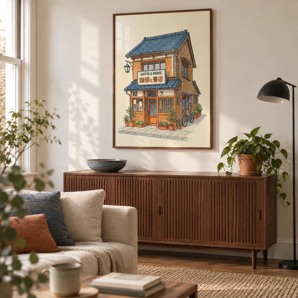 Japanese Coffee Poster, framed on the wall of a Japanese-influenced living room in a mature UK city flat with warm white walls