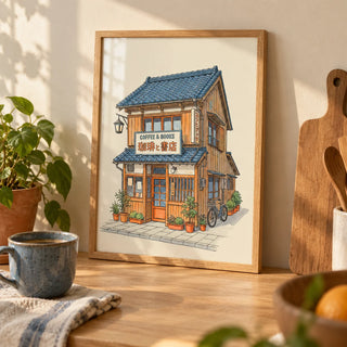 Japanese Coffee Poster, a small A4 framed print leaning on a pale oak kitchen worktop