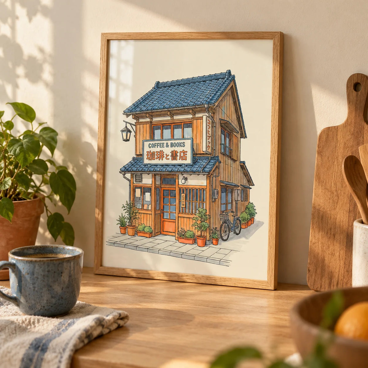 Japanese Coffee Poster, a small A4 framed print leaning on a pale oak kitchen worktop