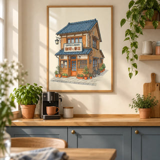 Japanese Coffee Poster, framed on the wall of a warm modern kitchen in a UK terraced house with cream walls
