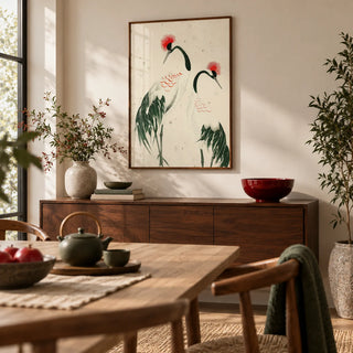 Japanese Crane Art, framed on the wall of a calm dining room