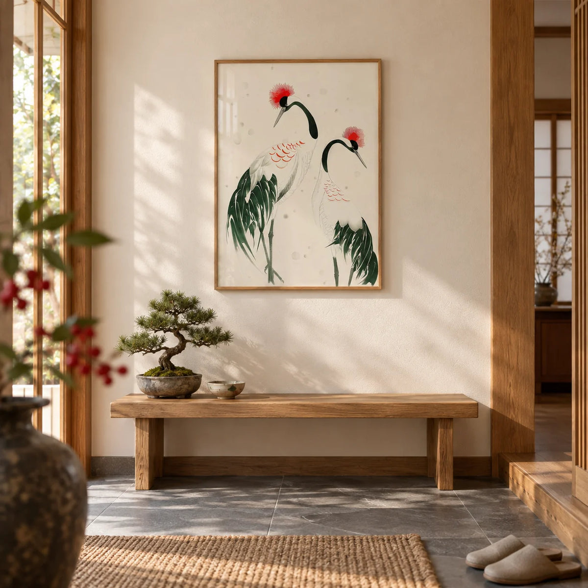 Japanese Crane Art, framed on the wall of a Japanese-style entrance hall with a warm white wall