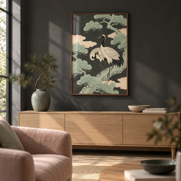 Japanese Crane Art Print, framed on the wall of a Japanese-modern living room with a deep charcoal painted wall
